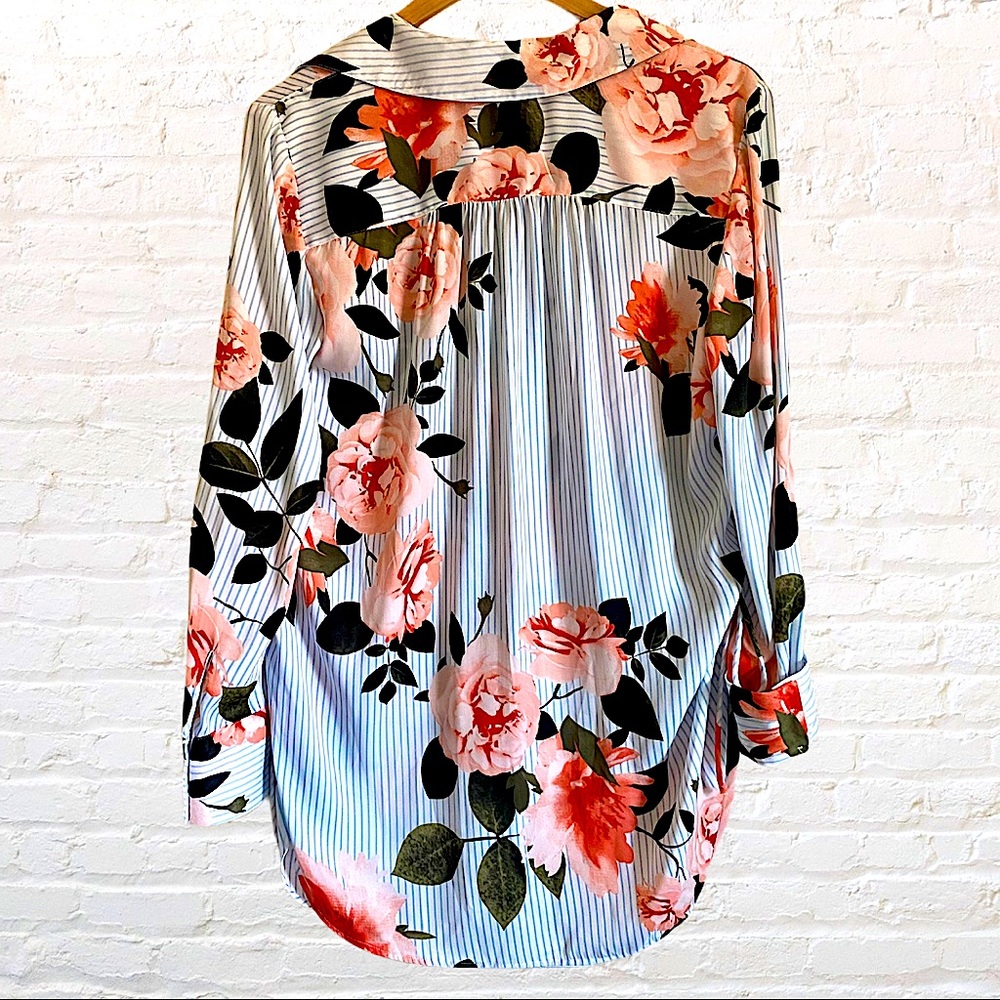 INC INTERNATIONAL STRIPED FLORAL ADJUSTABLE SIDE SLIT BLOUSE - Picture 4 of 11